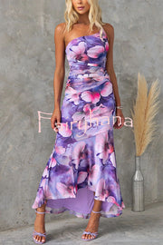 Deja Mesh Overlay Floral Print One Shoulder Ruched Stretch Maxi Dress