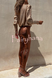 Sweet and Glitzy Metallic Color Pocket Faux Leather Stretch Pants