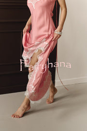 Breezy City Fall SatinLace Petal Trim Slip Tie-up H-line Slit Maxi Dress
