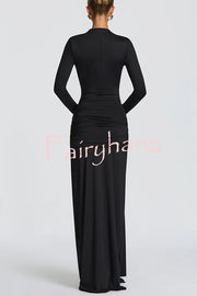 Sexy Cutout Fitted Long-sleeved Pleated Satin Ribbon Maxi Dresses