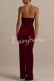 Illusion Velvet Bandeau neck Bow detail Stretch Maxi Dress
