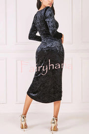 Solid Color Velvet Long-sleeved Slim-fit Slit Midi Dress
