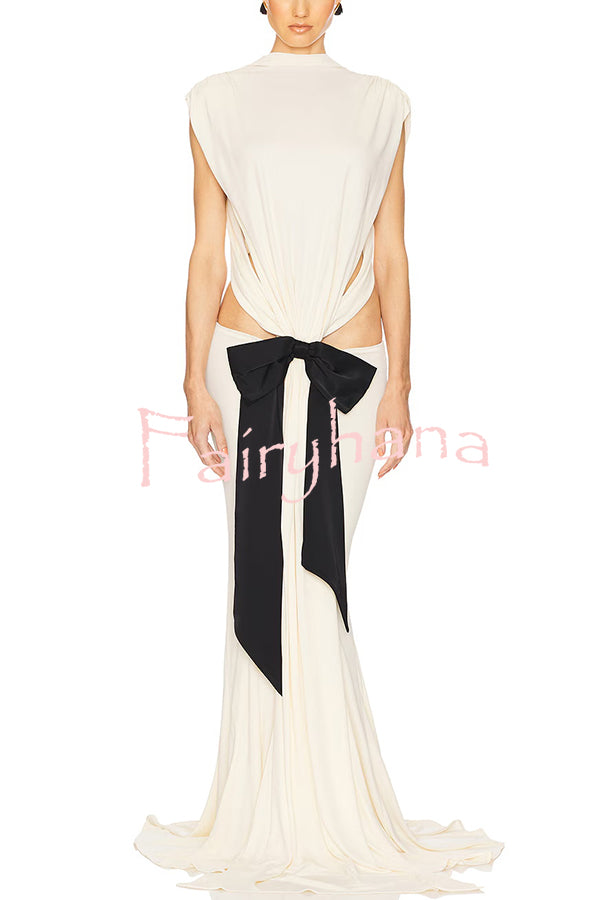 Sexy Open Back Bow Embellished Elegant Fishtail Maxi Dress