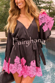 Joyful Bond Satin Lace Trim Contrast Color Bell Sleeve Tie-up Kimono Mini Dress