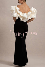 Cecily Velvet Off Shoulder Satin Structured Bardot Neck Stretch Maxi Dress