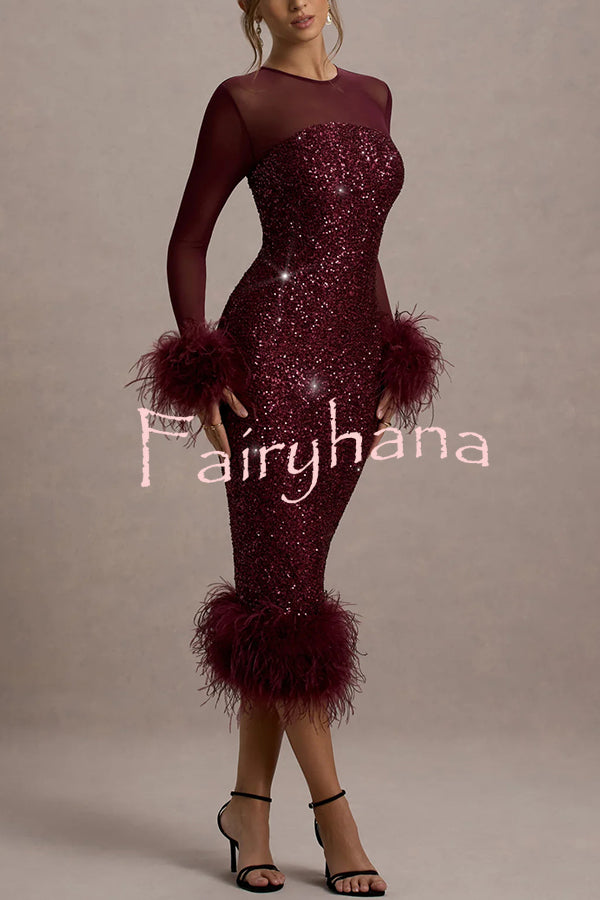 Glamor and Drama Mesh Sequin Patchwork Feather Trim Stretch Midi Dress