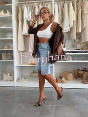 Fashion Denim Pocket Frayed Bermuda Shorts
