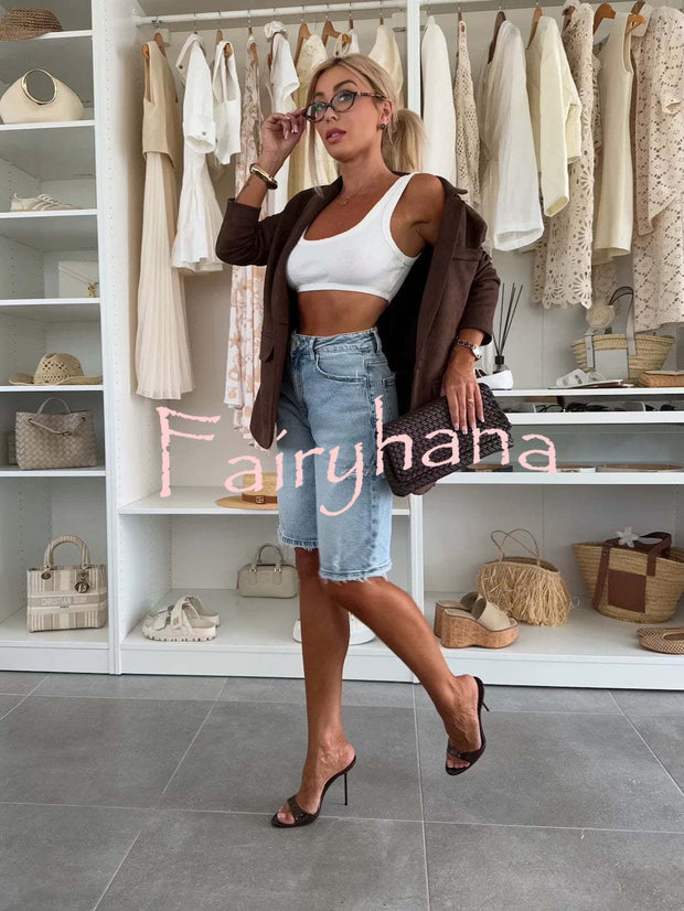 Fashion Denim Pocket Frayed Bermuda Shorts