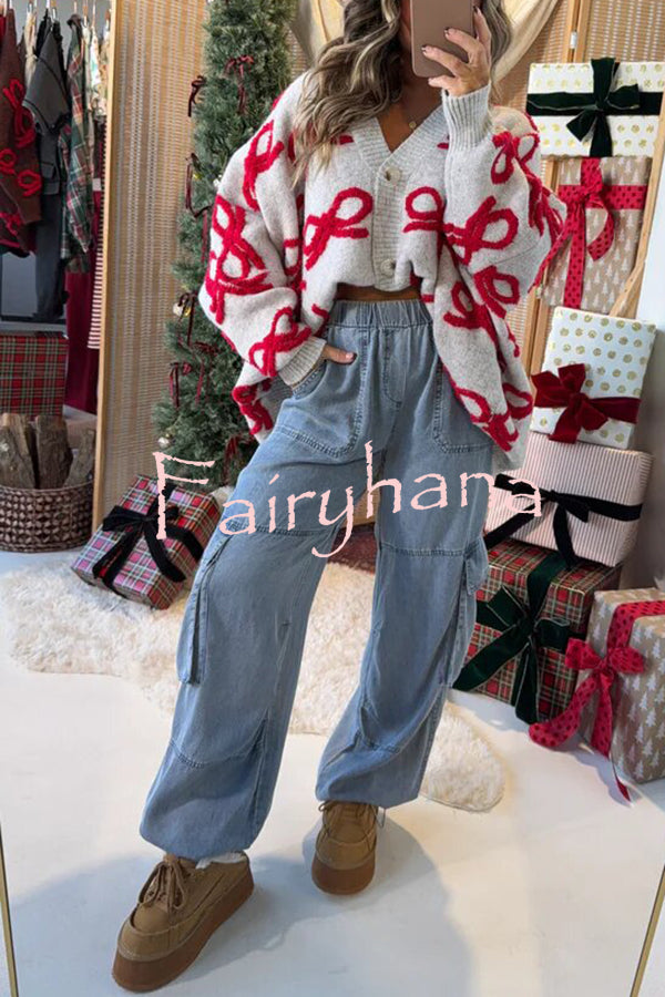 Santa Baby Knit Bow Color Block Button Up Long Sleeve Oversized Fit Cardigan