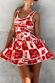 Holiday Colors Ric Rac Trims Unique Print Cutout Round Neck Mini Dress