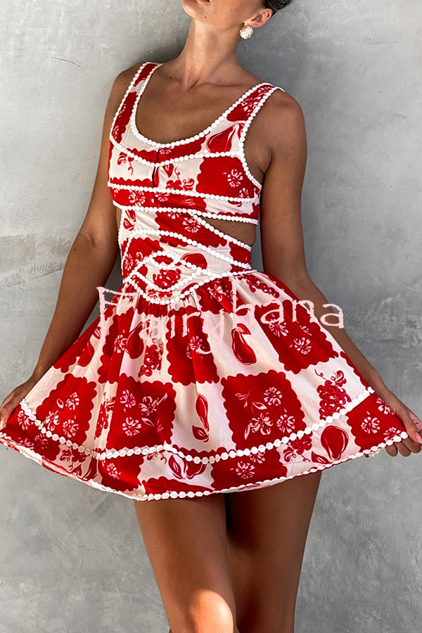 Holiday Colors Ric Rac Trims Unique Print Cutout Round Neck Mini Dress