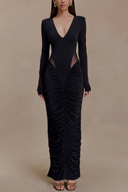 Sexy See-through Long-sleeved V-neck Pleated Slim-fit Maxi Dress
