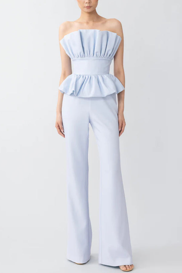 Every Occasion Crepe Panel Ruffles Strapless Top and High Rise Pocketed Flare Pants Set
