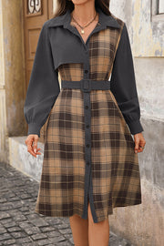 Retro Plaid Patchwork Casual Belt Workplace Style Midi Dress