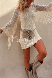 Wandering Angel Boucle Material Tassel Sleeve Stretch Vacation Mini Dress