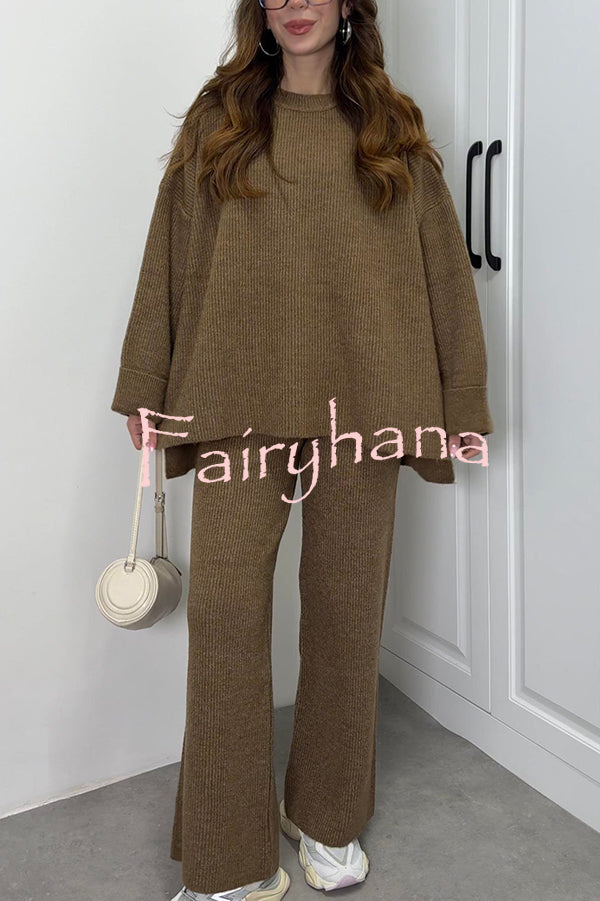 Solid Color Loose Long-sleeved Knit Top and Elastic Waist Casual Straight Leg Pants Set