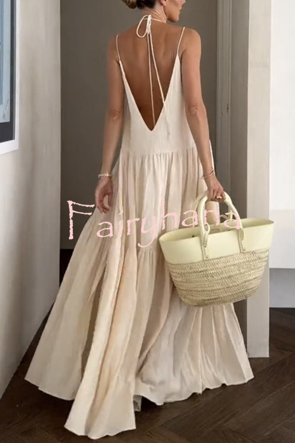 Beach Day Linen Blend Back Tie-up A-line Layered Maxi Dress