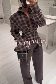 Vintage Plaid Shoulder Pad Buttons Long Sleeve Angled Hem Shirt