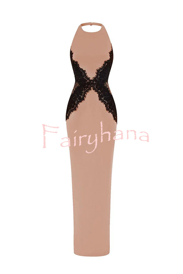 Sexy Halterneck Lace Paneled Backless Slim Maxi Dress
