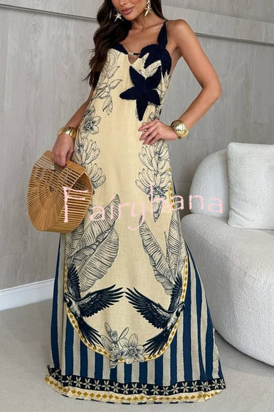 Esra Crochet Floral Linen Blend Unique Print Back Tassle Slit Maxi Dress