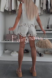 Angie Embroidery Cut-out Sleeveless Top and Elastic Waist Loose Shorts Set