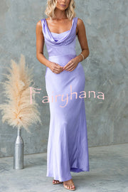 Chic Muse Satin Solid Color Cowl Neck Back Tie-up Maxi Dress