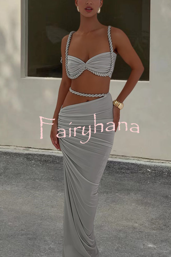 Sexy Halter Back Braided Suspender Top and Beach Holiday Style Hip-wrapped Maxi Skirt Set