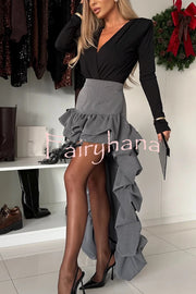 Toast To Midnight Solid Color High Rise Irregular Ruffled High Low Maxi Skirt