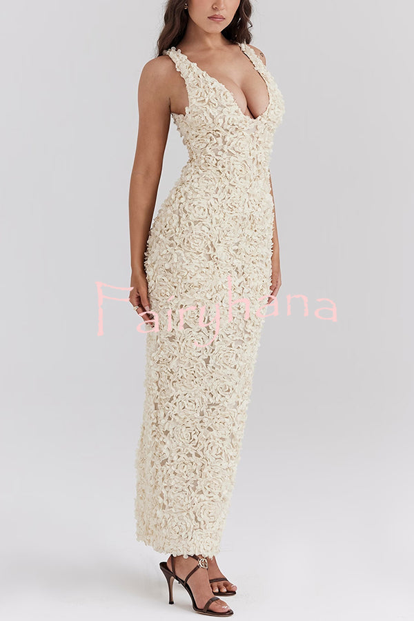 Three-dimensional Flower Sexy V-neck Slim Maxi Dress