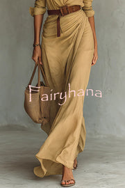 City Sleek Single Breasted Long Sleeve Warp Slit Shirt Maxi Dress