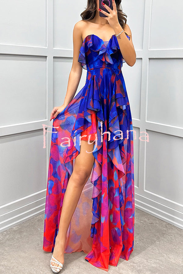 Loving Moment Gradient Unique Print Flowing Layered Ruffles Strapless Slit Maxi Dress