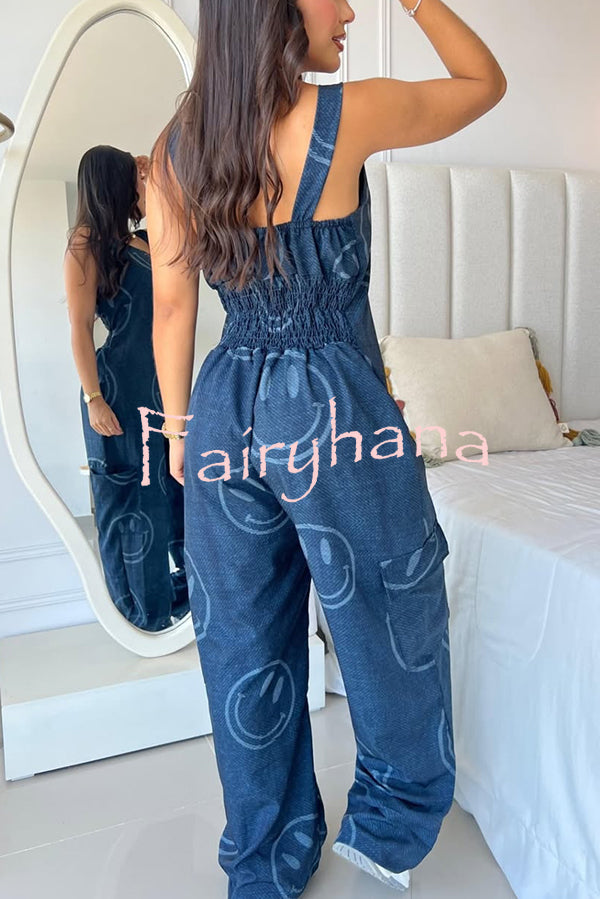 Fashion Cartoon Print Loose Round Neck Back Pleated Casual Pocket Wide Leg Jumpsuit