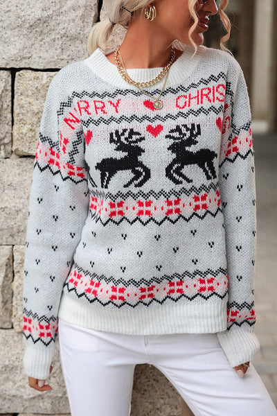 Christmas Elk Round Neck Long Sleeve Loose Knitted Sweater