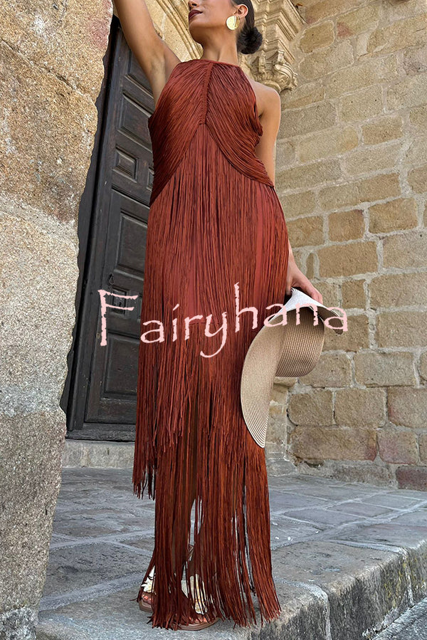 Fashion Sleeveless Halter Neck Elegant Tassel Slim Maxi Dress