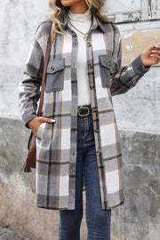 Retro Plaid Casual Long-sleeved Pocket Mid-length Coat
