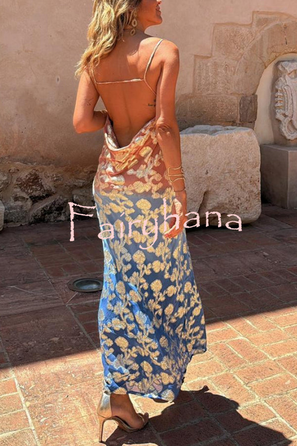 Tie Dye Ombre Gold Floral Print Sexy Strappy Maxi Dress