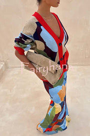 Bright and Bold Knit Abstract Color Blocks Button Long Sleeve Loose Cardigan