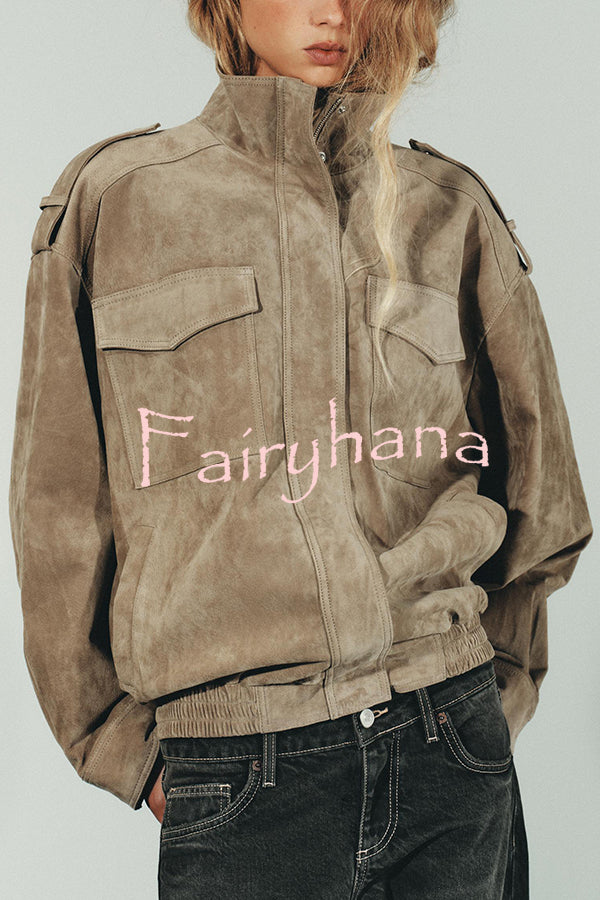 Fashionable Suede Loose Pocket Leather Jacket