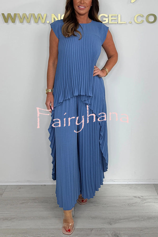 Laney Pleated Short Sleeve Irregular Midi Top and Elastic Waist Wide Leg Pants Set