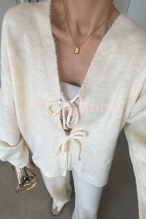 Solid Color V-neck Tie Long-sleeved Loose Knit Cardigan and Elastic Waist Casual Straight Leg Pants Set