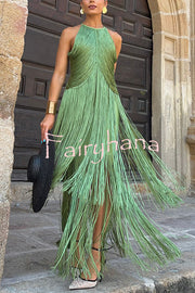 Fashion Sleeveless Halter Neck Elegant Tassel Slim Maxi Dress