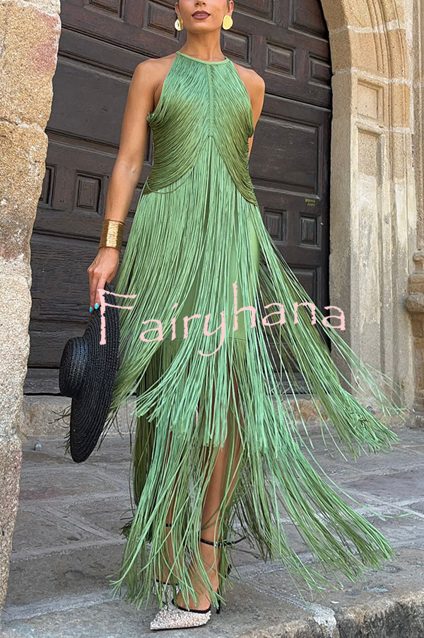Fashion Sleeveless Halter Neck Elegant Tassel Slim Maxi Dress
