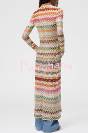 Anna Knit Colorful Herringbone Print Shirt Neck Button Long Sleeve Slim-fit Long Cardigan