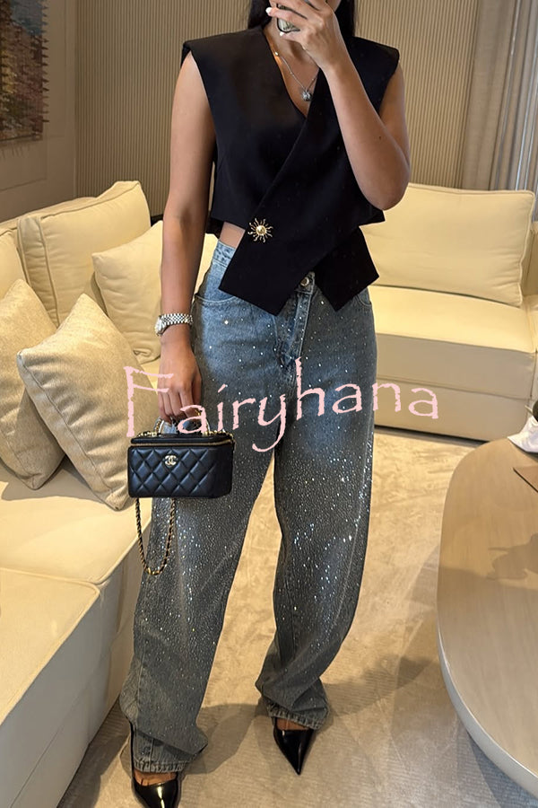 Fashion Star Rhinestone High Rise Casual Pocket Straight Loose Jeans