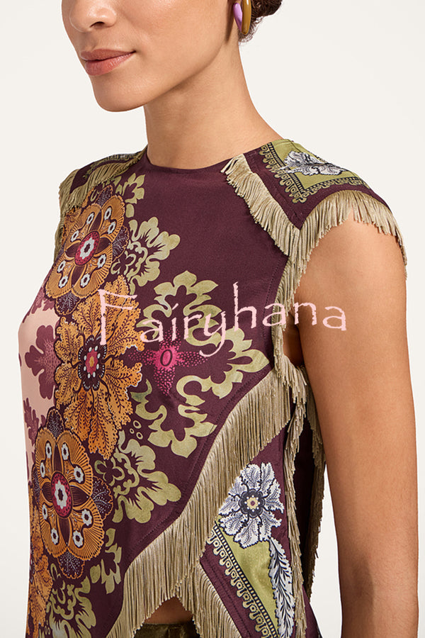Stunning Floral Print Asymmetric Tassel Trim Scarf Top