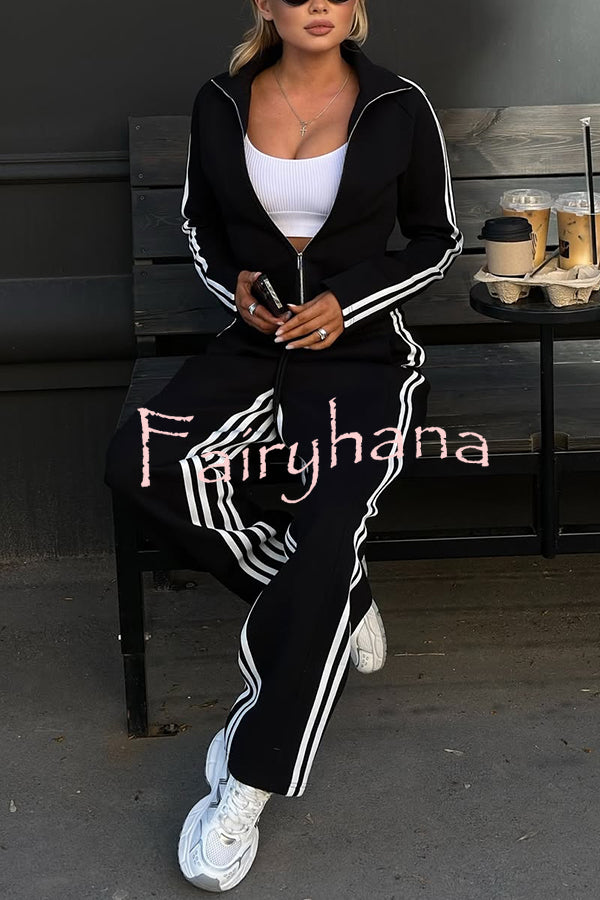Fashionable Sports Style Striped Long-sleeved Jacket and Elastic Waist Casual Pants Set