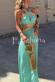 Avery Gold-rimmed Bamboo Cutout Back Tie-up Maxi Dress