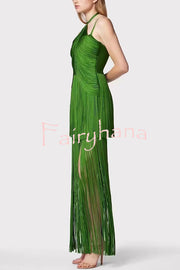 Sexy Halterneck Open Back Elegant Tassel Slim Maxi Dress