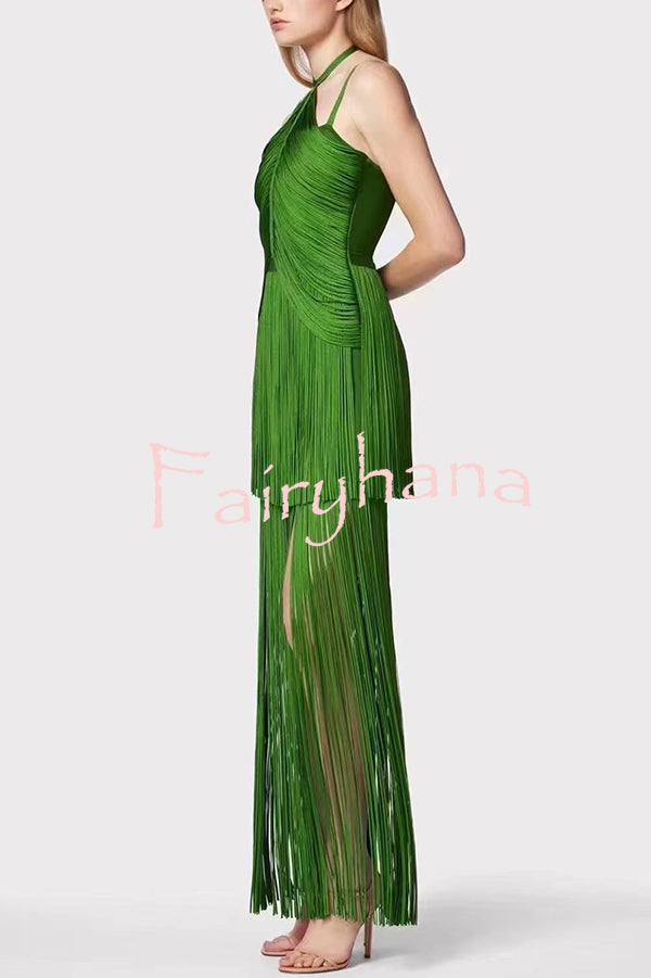 Sexy Halterneck Open Back Elegant Tassel Slim Maxi Dress