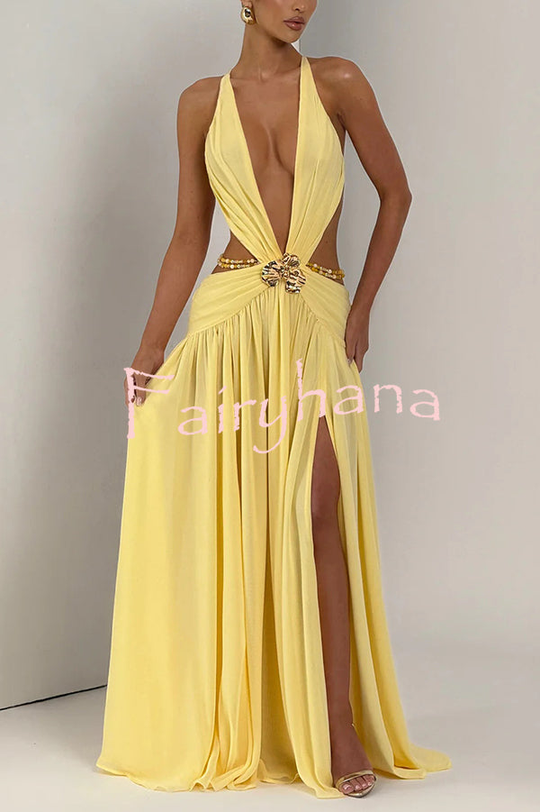 Kinara Leopard Print Deep V-neck Metal Flower Hollow Beads Detail Slit Maxi Dress